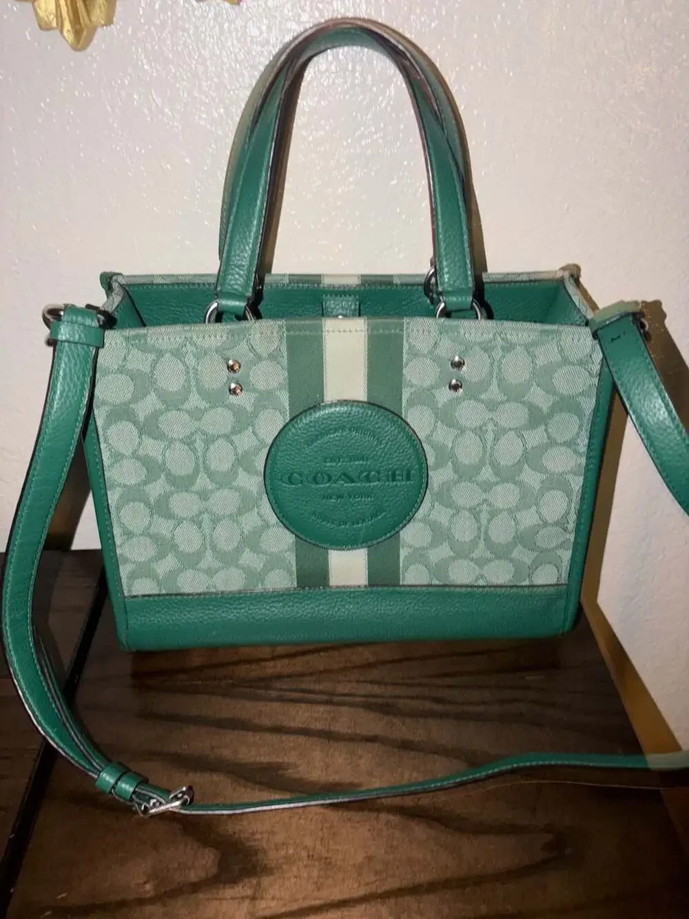 Coach Dempsey Tote 22 In Signature Jacquard With Stripe And Coach Patch